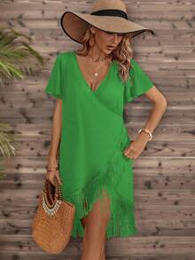 流蘇邊圍裹蝴蝶袖罩衫洋裝 - 綠色 - 查看 5