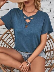 SHEIN LUNE Áo thun nữ Hội Chữ thập màu trơn Giải trí - Màu xanh ngọc - Xem 5