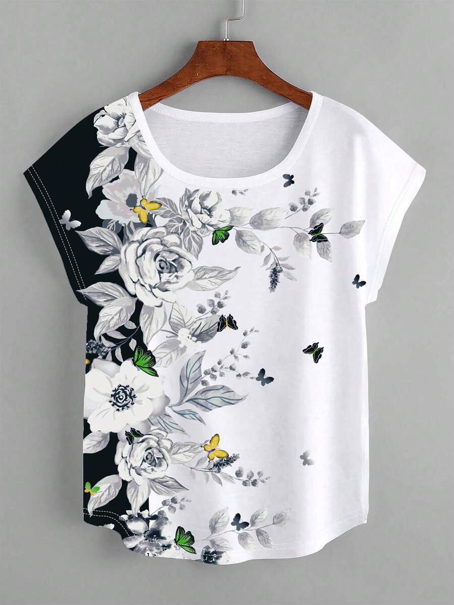 SHEIN LUNE Áo thun nữ Hoa Giải trí - trắng - Xem 1