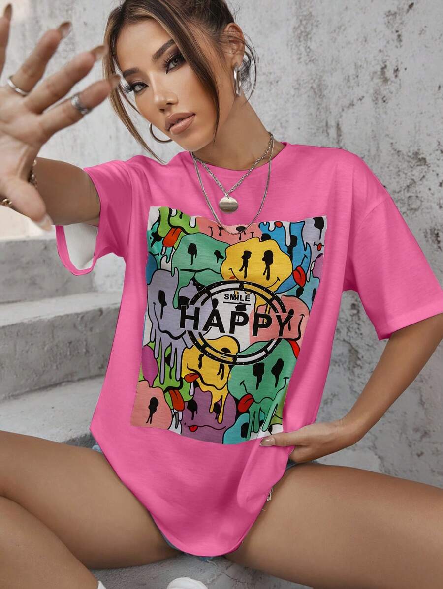 SHEIN Unity Áo thun nữ Hoạt hình Lá thư Giải trí - Hồng - Xem 1