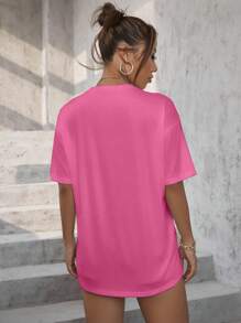SHEIN Unity Áo thun nữ Hoạt hình Lá thư Giải trí - Hồng - Xem 2
