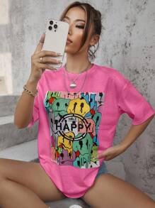 SHEIN Unity Áo thun nữ Hoạt hình Lá thư Giải trí - Hồng - Xem 3