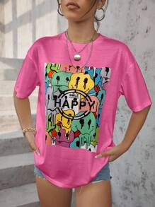 SHEIN Unity Áo thun nữ Hoạt hình Lá thư Giải trí - Hồng - Xem 4