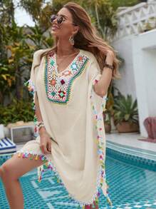 Floral Crochet Tassel Trim Cover Up - Apricot - View 1