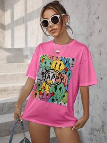 SHEIN Unity Áo thun nữ Hoạt hình Lá thư Giải trí - Hồng - Xem 7