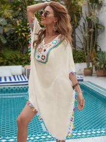 Floral Crochet Tassel Trim Cover Up - Apricot - View 3