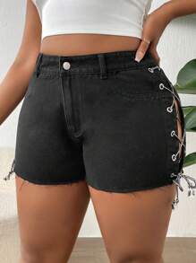 SHEIN Quần short denim oversized Ren lên Thùa khuyết Hem thô màu trơn - màu đen - Xem 1