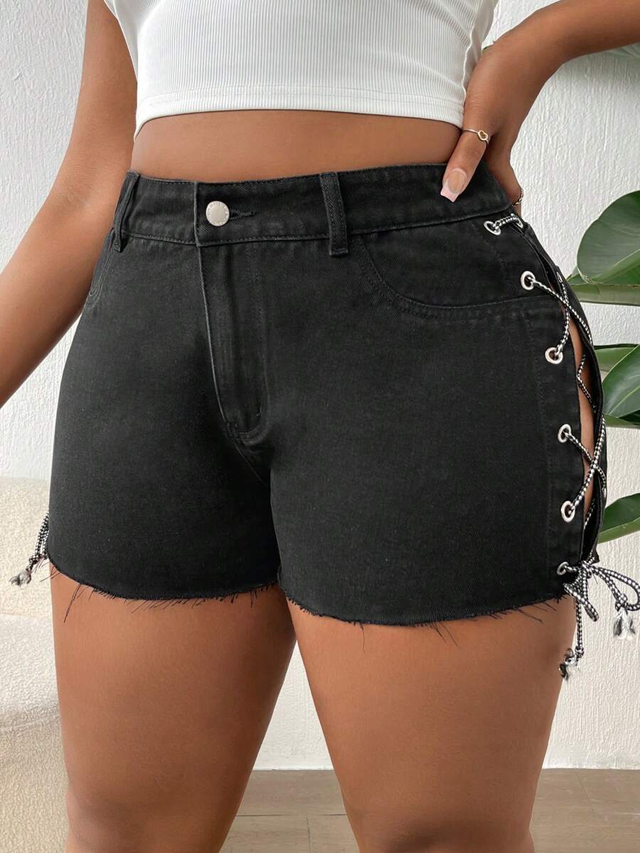 SHEIN Quần short denim oversized Ren lên Thùa khuyết Hem thô màu trơn - màu đen - Xem 1