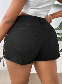 SHEIN Quần short denim oversized Ren lên Thùa khuyết Hem thô màu trơn - màu đen - Xem 2