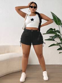 SHEIN Quần short denim oversized Ren lên Thùa khuyết Hem thô màu trơn - màu đen - Xem 4