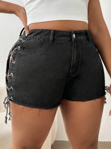 SHEIN Quần short denim oversized Ren lên Thùa khuyết Hem thô màu trơn - màu đen - Xem 5