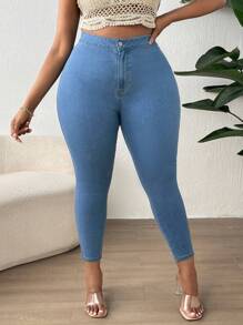 SHEIN Lady Plus High Waist Skinny Jeans - Light Wash - View 1