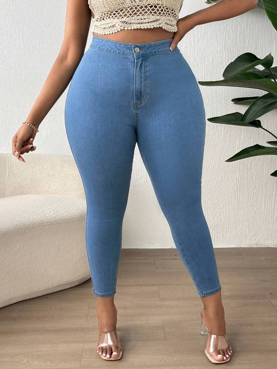 SHEIN Lady Plus High Waist Skinny Jeans - Light Wash - View 1