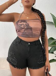 SHEIN 大碼破洞毛邊牛仔短褲 - 黑色 - 查看 3