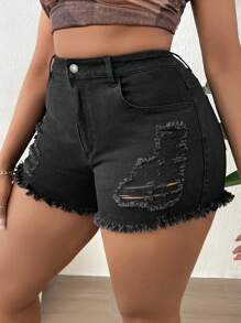 SHEIN 大碼破洞毛邊牛仔短褲 - 黑色 - 查看 5