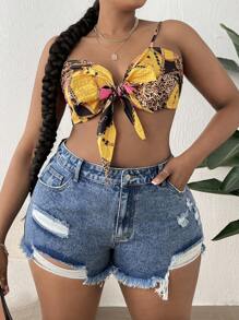 SHEIN SXY Plus Ripped Frayed Hem Denim Shorts - Medium Wash - View 1