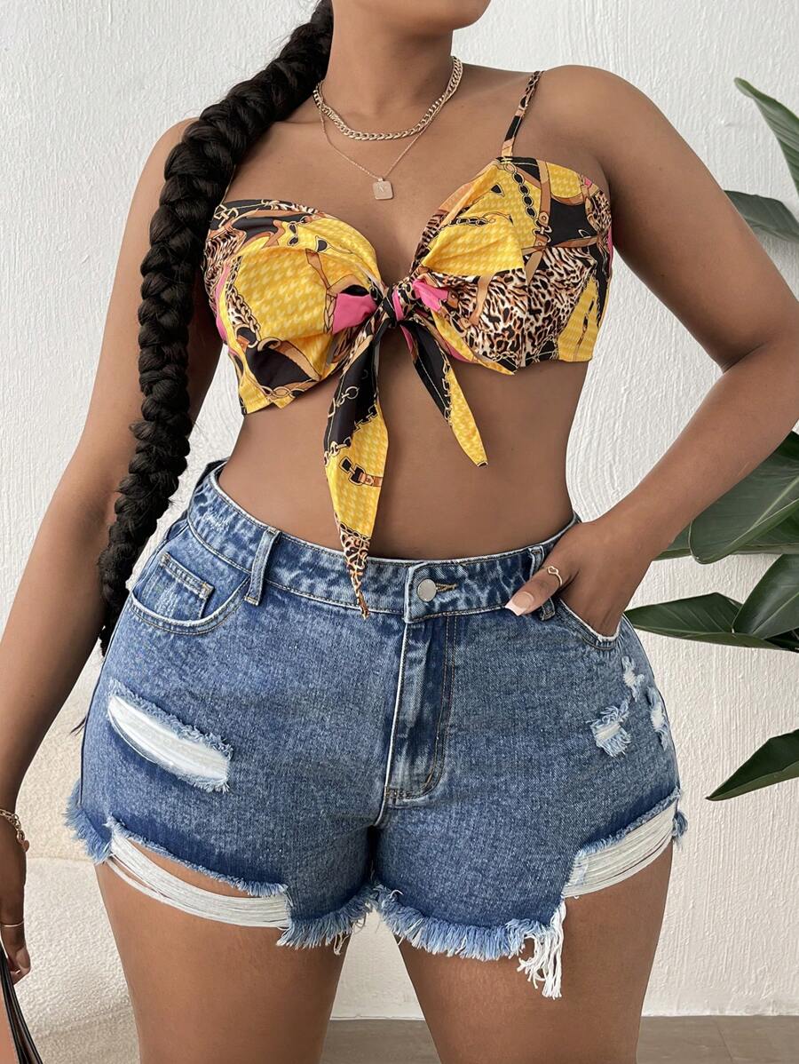 SHEIN SXY Plus Ripped Frayed Hem Denim Shorts - Medium Wash - View 1