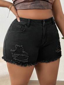 SHEIN 大碼破洞毛邊牛仔短褲 - 黑色 - 查看 6