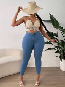 SHEIN Lady Plus High Waist Skinny Jeans - Light Wash - View 4