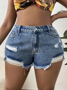 SHEIN SXY Plus Ripped Frayed Hem Denim Shorts - Medium Wash - View 2