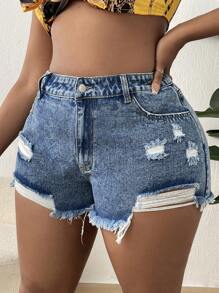 SHEIN SXY Plus Ripped Frayed Hem Denim Shorts - Medium Wash - View 4