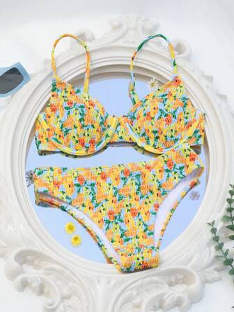 Bikini À Armatures Imprimé Floral Froncé