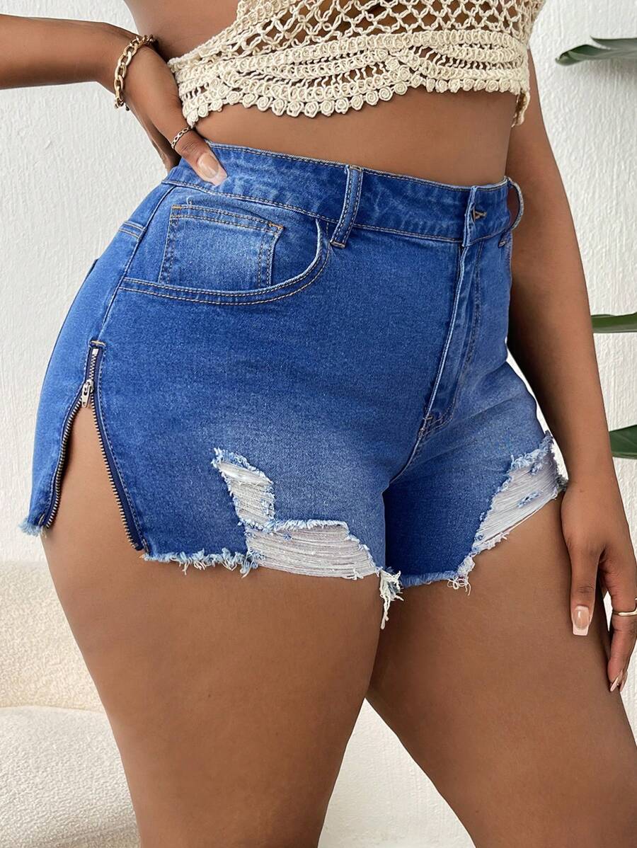 SHEIN SXY Plus Ripped Raw Hem Denim Shorts - Medium Wash - View 1