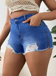 SHEIN SXY Plus Ripped Raw Hem Denim Shorts - Medium Wash - View 3