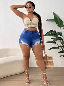 SHEIN SXY Plus Ripped Raw Hem Denim Shorts - Medium Wash - View 4