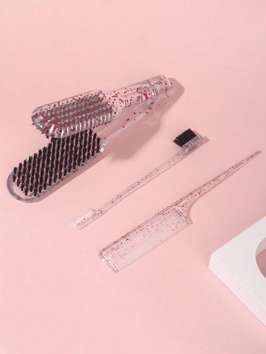 Rat Tail Comb,3Pcs Glitter Hair Styling Comb Set Pointed Tail Comb & Dual-Ended Edge Control Brush & Splint Comb For Straightening Hair - Red - View 1