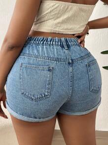 SHEIN SXY 大碼高腰破洞卷邊牛仔短褲 - 淺色水洗藍 - 查看 2