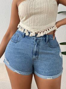 SHEIN SXY 大碼高腰破洞卷邊牛仔短褲 - 淺色水洗藍 - 查看 3