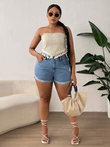 SHEIN SXY 大碼高腰破洞卷邊牛仔短褲 - 淺色水洗藍 - 查看 4