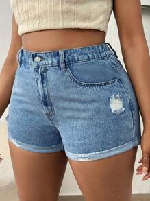 SHEIN SXY 大碼高腰破洞卷邊牛仔短褲 - 淺色水洗藍 - 查看 5