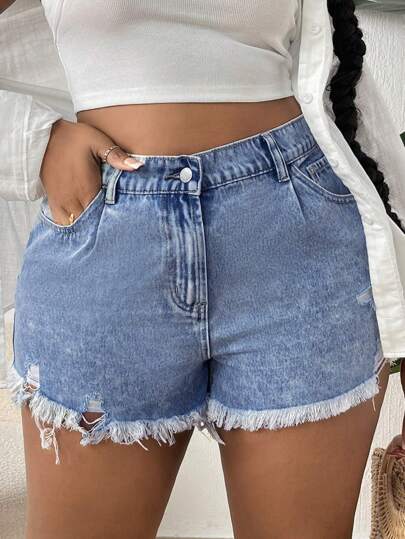 SHEIN SXY 大碼高腰破洞毛邊緣牛仔短褲