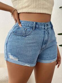 SHEIN SXY 大碼高腰破洞卷邊牛仔短褲 - 淺色水洗藍 - 查看 6