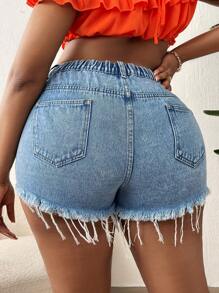 SHEIN SXY Plus Ripped Raw Hem Denim Shorts - Light Wash - View 2