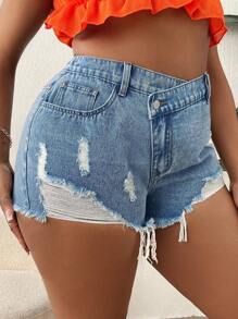 SHEIN SXY Plus Ripped Raw Hem Denim Shorts - Light Wash - View 3