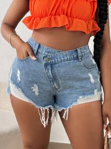 SHEIN SXY Plus Ripped Raw Hem Denim Shorts - Light Wash - View 4
