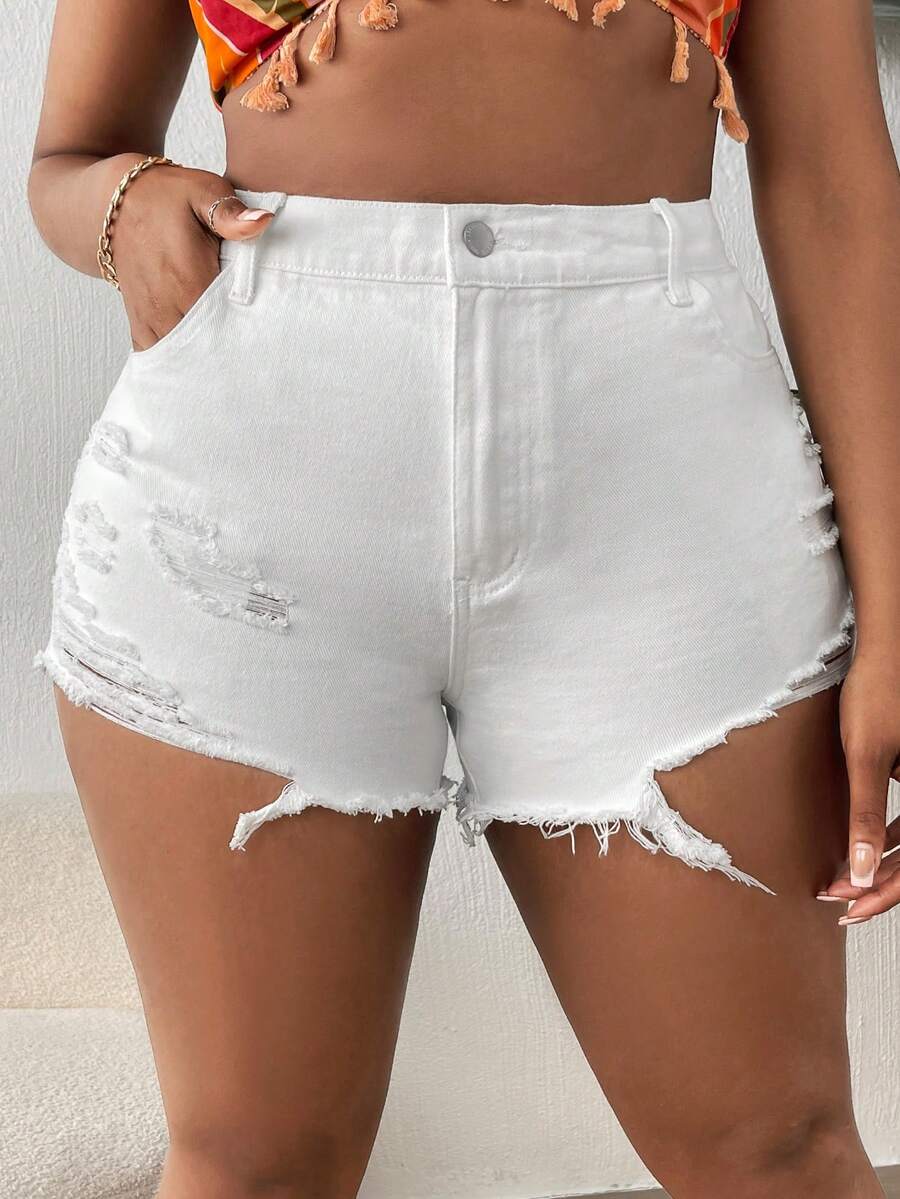 SHEIN SXY 大碼破洞毛邊牛仔短褲 - 白色 - 查看 1