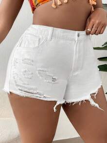 SHEIN SXY 大碼破洞毛邊牛仔短褲 - 白色 - 查看 2