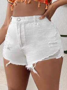 SHEIN SXY 大碼破洞毛邊牛仔短褲 - 白色 - 查看 3