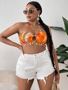 SHEIN SXY 大碼破洞毛邊牛仔短褲 - 白色 - 查看 6