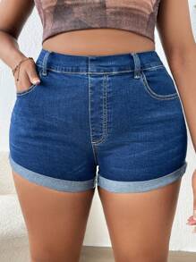 SHEIN SXY 大碼反摺褲腳牛仔短褲 - 深色水洗藍 - 查看 1