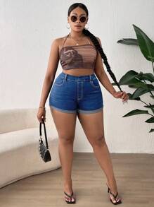 SHEIN SXY 大碼反摺褲腳牛仔短褲 - 深色水洗藍 - 查看 3