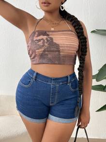 SHEIN SXY 大碼反摺褲腳牛仔短褲 - 深色水洗藍 - 查看 4