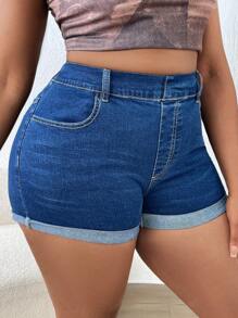 SHEIN SXY 大碼反摺褲腳牛仔短褲 - 深色水洗藍 - 查看 5