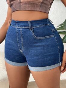 SHEIN SXY 大碼反摺褲腳牛仔短褲 - 深色水洗藍 - 查看 6
