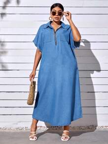 SHEIN SXY Plus Batwing Sleeve Pocket Patched Denim Dress - Medium Wash - View 1