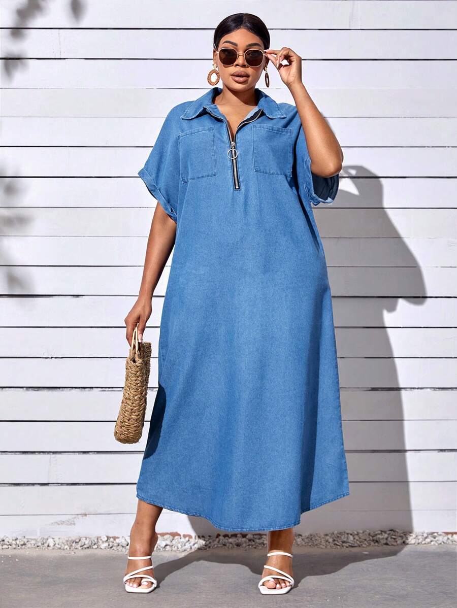 SHEIN SXY Plus Batwing Sleeve Pocket Patched Denim Dress - Medium Wash - View 1